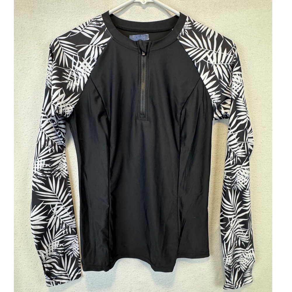 Dolfin Rash Guard Black White Palm Print Quarter Zip Long Sleeve Swim Top S
